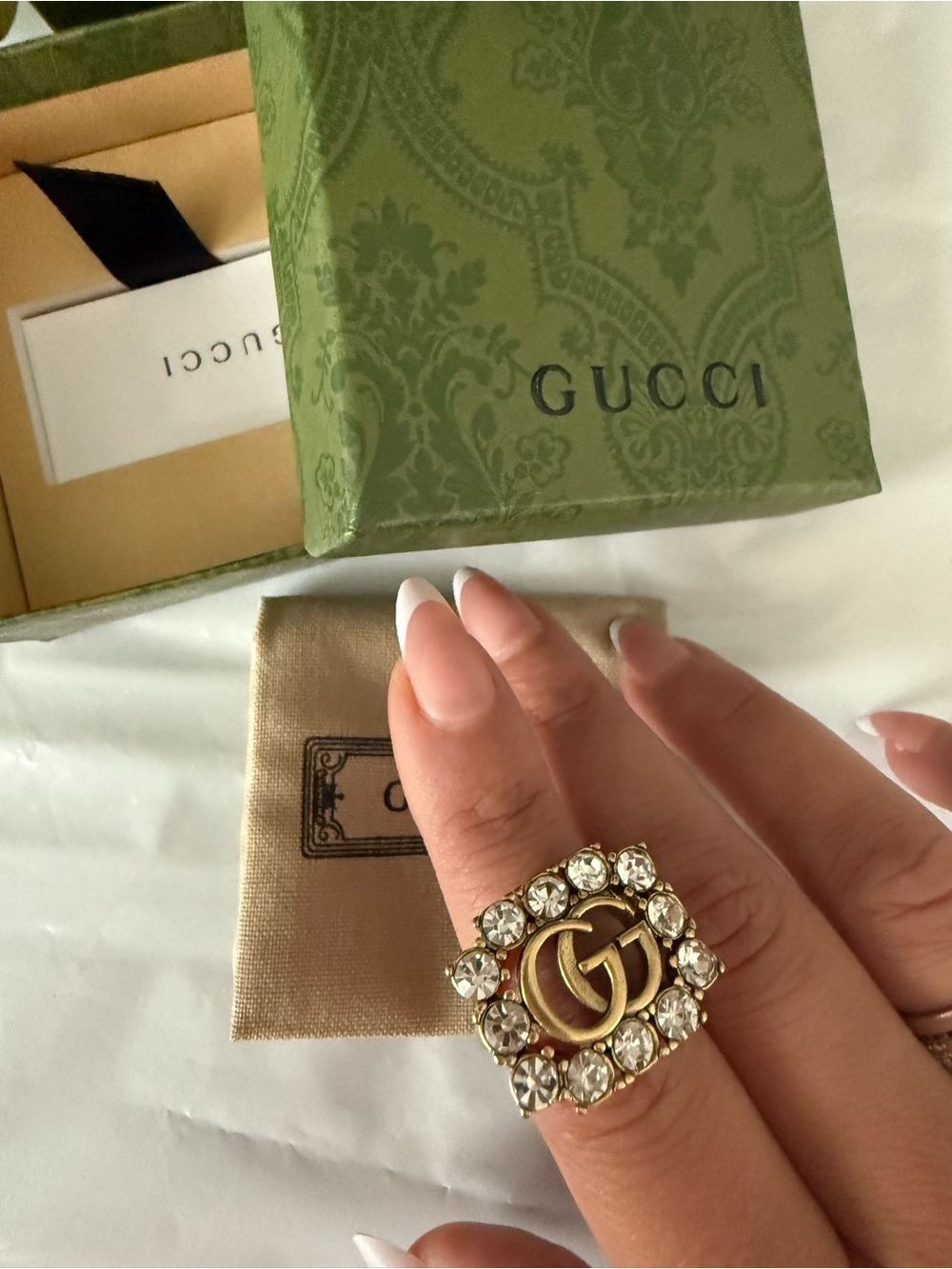 Gucci Gold Crystal Double G Statement Ring